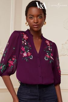 V&A | Love & Roses Berry Red Floral Embroidered Ruffle V Neck Button Through Blouse (P70693) | TRY 857
