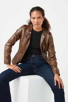 Saint Smith Brown Collarless Zip Detail Faux Leather Jacket (P71254) | kr649