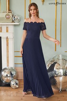 Love & Roses Navy Bardot Lace Pleated Bridesmaid Maxi Dress (P71605) | $132