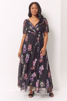עם דוגמה פרחונית בצבע שחור וסגול - שמלת מקסי של Scarlett & Jo דגם Isabelle בהדפס פרחוני עם שרוול מתנפנף (P71670) | ‏396 ₪