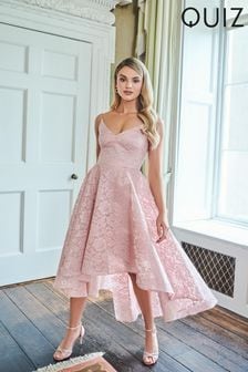 Quiz Pink Lace Strappy V Neck Dip Hem Dress (P72250) | $148
