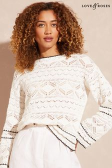 Love & Roses Ivory Crochet Contrast Stitch Flute Sleeve Jumper (P73819) | AED149