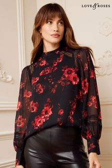 Love & Roses Black Floral High Neck Lace Trim Long Sleeve Blouse (P74148) | €57