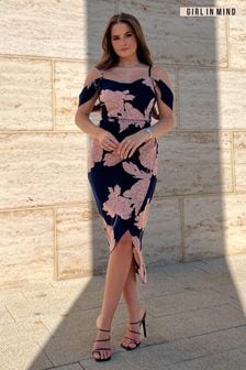 Girl In Mind Navy Floral Camila Cold Shoulder Wrap Midi Dress (P74162) | 33 €