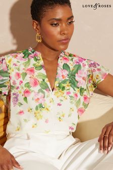 Love & Roses Durchgeknöpfte, bedruckte Bluse mit Rüschen, Flatterärmeln und V-Ausschnitt (P74392) | 27 €