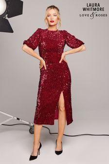 Love & Roses Berry Red Petite Short Sleeve Empire Velvet Sequin Midi Dress (P74432) | DKK377
