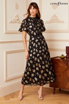 Metaliczna sukienka midi ze zwiewnymi rękawami i zabudowanym dekoltem Love & Roses (P74434) | 205 zł