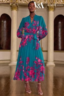 V&A | Love & Roses Teal Floral Print Frill Notch Neck Pleated Long Sleeve Midi Dress (P74436) | €86
