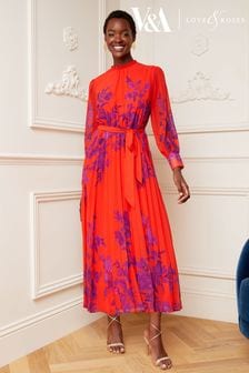 V&A | Love & Roses Red and Purple Floral Print Ruffle Neck Pleated Long Sleeve Midi Dress (P74437) | SGD 138