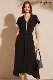 Love & Roses Black Sequin Trim Notch Neck Short Sleeve Belted Midi Dress (P74441) | SGD 107