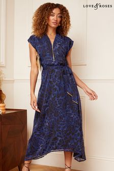 Love & Roses Blue Animal Printed Zip Detail Roll Sleeve Belted Midi Dress (P74463) | €34