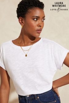 Love & Roses White Crew Neck Woven Trim Linen Look Jersey T-Shirt (P74870) | $27