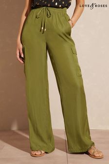 Love & Roses Khaki Green Satin Elasticated Wide Leg Cargo Trousers (P74901) | €24
