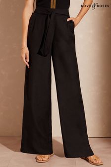 Love & Roses Black Wide Leg Belted Tailored Trousers Contains Linen (P75008) | €20.50