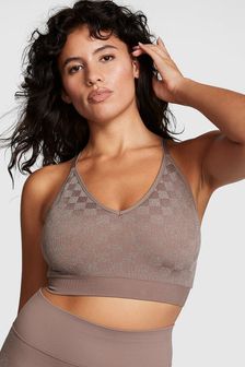 Victoria's Secret PINK Iced Coffee Checkered Brown Non Wired Lightly Lined Seamless Sports Bra (P75122) | kr480