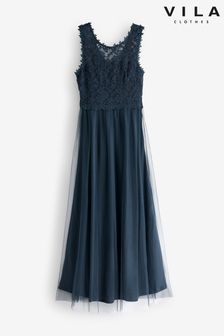 VILA Navy Sleeveless Lace And Tulle Maxi Dress (P75242) | LEI 358