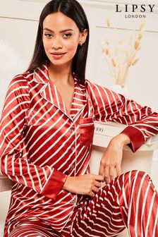 Lipsy Red Stripe Printed Satin Long Sleeve Pyjamas (P75269) | €15.50