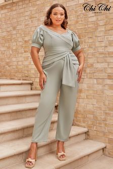 Chi Chi London Green Plus Size Puff Sleeve Bardot Jumpsuit (P75631) | 237 zł