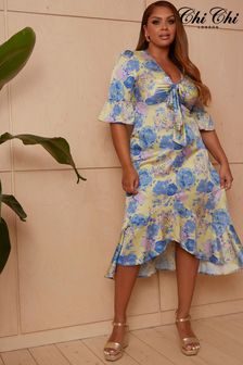 Chi Chi London Yellow & Blue Curve Tie Front Floral Print Midi Dress (P76144) | €39