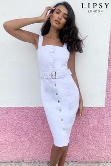 Lipsy White Petite Bodycon Button Through Denim Dress (P76245) | €65