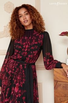 V&A | Love & Roses Red and Purple Floral Petite Print Ruffle Neck Pleated Long Sleeve Midi Dress (P76531) | 115 €