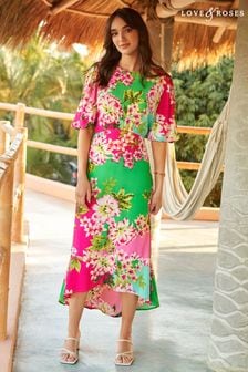 פרחוני צבעוני - שמלת מידי עם קשירה בשרוולים של Love & Roses (P76549) | ‏159 ₪