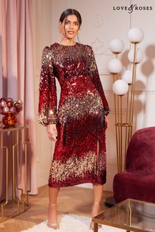Love & Roses Red Ombre Long Sleeve Sequin Empire Midi Dress (P76561) | €116