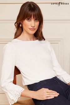 Love & Roses Ivory White 3/4 Broderie Flute Sleeve Round Neck Jersey Top (P76575) | €40