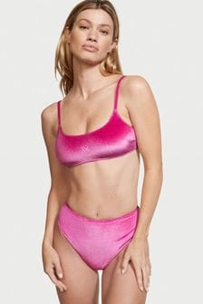 Svetlo roza Roza - Spodnji del bikinija z visokim pasom iz žameta Victoria's Secret (P77433) | €32