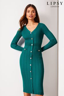 Zielony - Lipsy sukienka bodycon midi z długim rękawem i dekoltem w szpic z guzikami (P77667) | 319 zł
