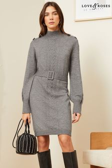 Love & Roses Grey Cable Knit Button Shoulder Belted Knitted Mini Dress (P77883) | €72