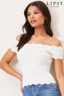 לבן - חולצת סריג ללא כתפיות מסולסלות של Lipsy (P78107) | ‏114 ₪