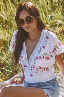 Lipsy White Embroidered Embroidered V Neck Frill Top (P78421) | €13