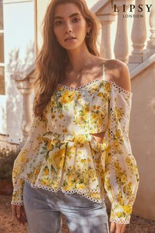 Lipsy Yellow Floral Long Sleeve Cut Out Cold Shoulder Top (P78430) | €12.50