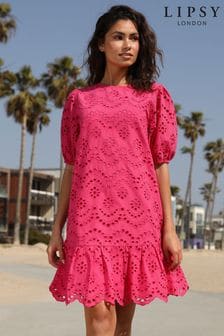 Lipsy Pink Regular Broderie Puff Sleeve Tier Shift Dress (P79454) | ₪ 170