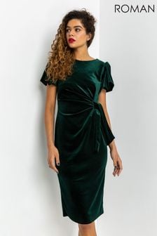 Roman Green Velvet Bubble Sleeve Midi Dress (P80428) | kr623
