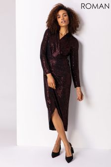 Roman Red Sequin Embellished Wrap Dress (P80433) | $110
