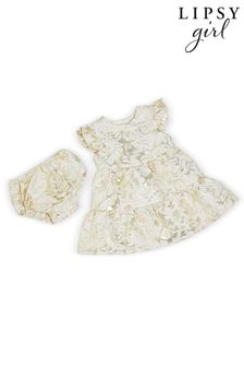 Lipsy Gold Metallic Baby Tiered Jacqard Dress With Matching Knicker (P80604) | $58 - $61