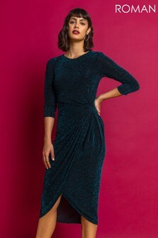 Roman Green Twist Front Sparkle Fitted Dress (P80754) | $110