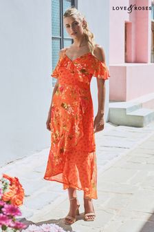 Love & Roses Orange Floral Cold Shoulder Ruffle Midi Dress (P81268) | 196 zł