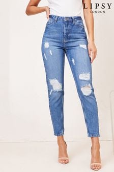 Blau mit Rissen - Lipsy Kira Mom-Jeans mit hohem Bund (P81578) | 57 €