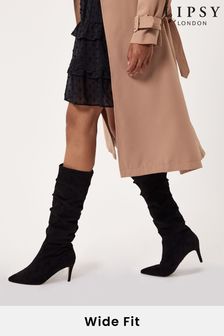 Lipsy Black Wide FIt Suedette Heeled Ruched Long Boot (P81632) | kr699