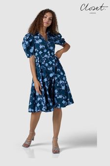 Closet Navy Blue Floral Print London Midi Dress (P81685) | €97