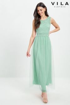 VILA Green Sleeveless Lace And Tulle Maxi Dress (P81727) | $73