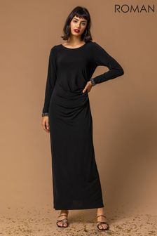 Roman Black Sparkle Embellished Ruched Maxi Dress (P81781) | €68