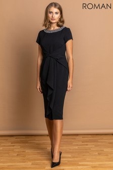Negro - Vestido a media pierna con detalle retorcido en la cintura y adornos de Roman (P81810) | 68 €