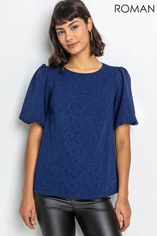 Roman Blue Floral Jacquard Puff Sleeve Top (P81865) | 44 €