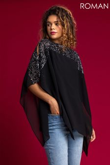 Roman Silver Sequin Embellished Chiffon Overlay Top (P81895) | 47 €