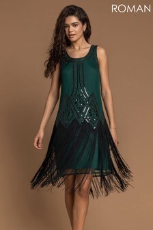 Zelená - Flitrové šaty Roman ve stylu 20. let s třásněmi (P82248) | 2 345 Kč