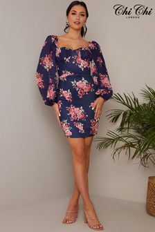 Chi Chi London Navy Blue & Pink Balloon Sleeve Floral Bodycon Dress (P82333) | €51